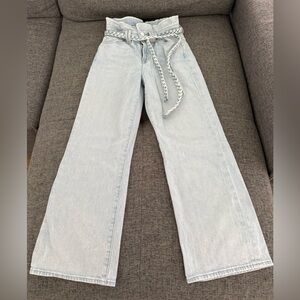 7 For All Mankind Light Blue Flare Jeans with Braided Belt. Paperbag waist